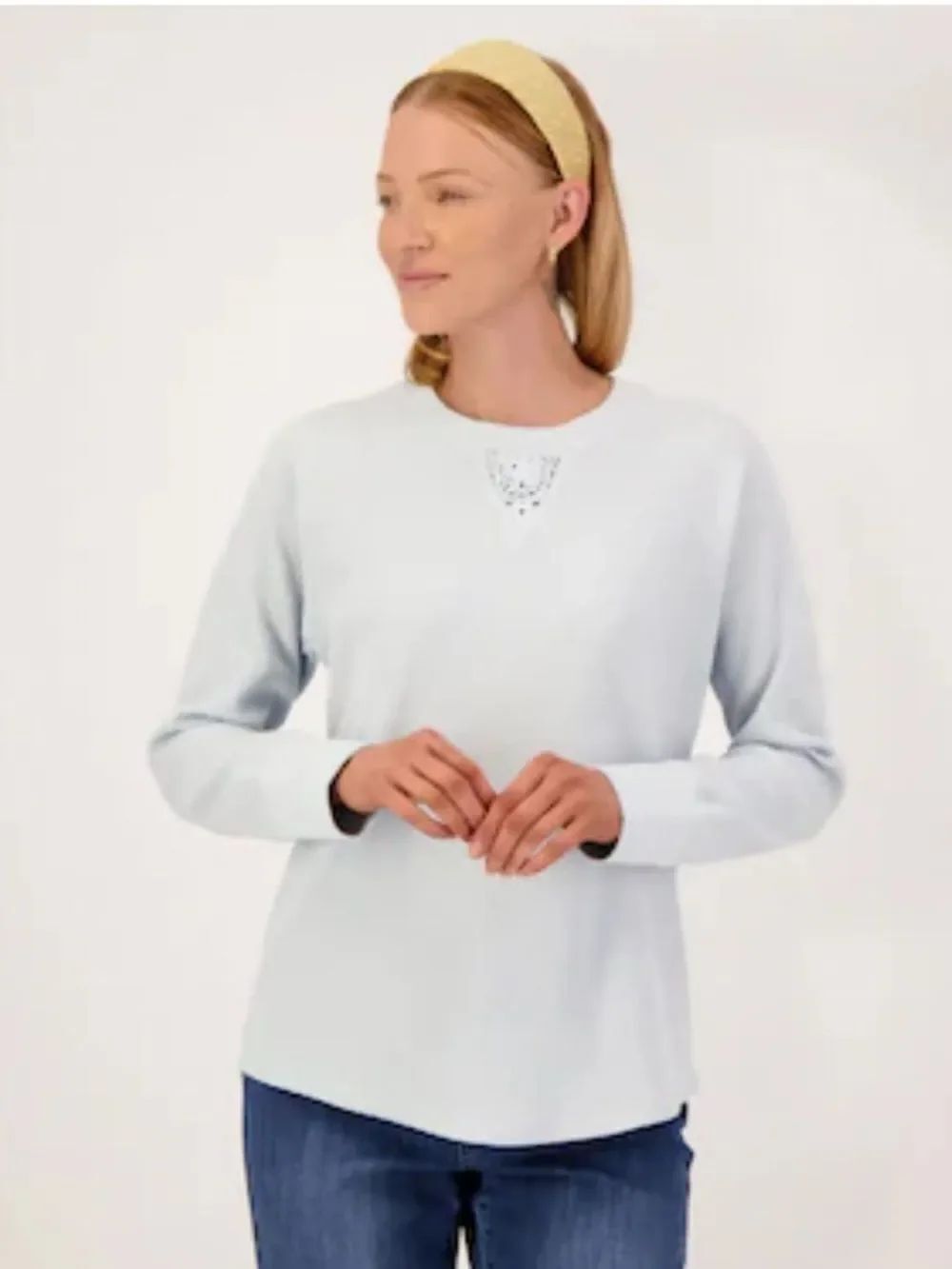 C&C XL Skyway Blue Crew Crochet Inset Waffle Knit Cotton Blend Long Sleeve Top